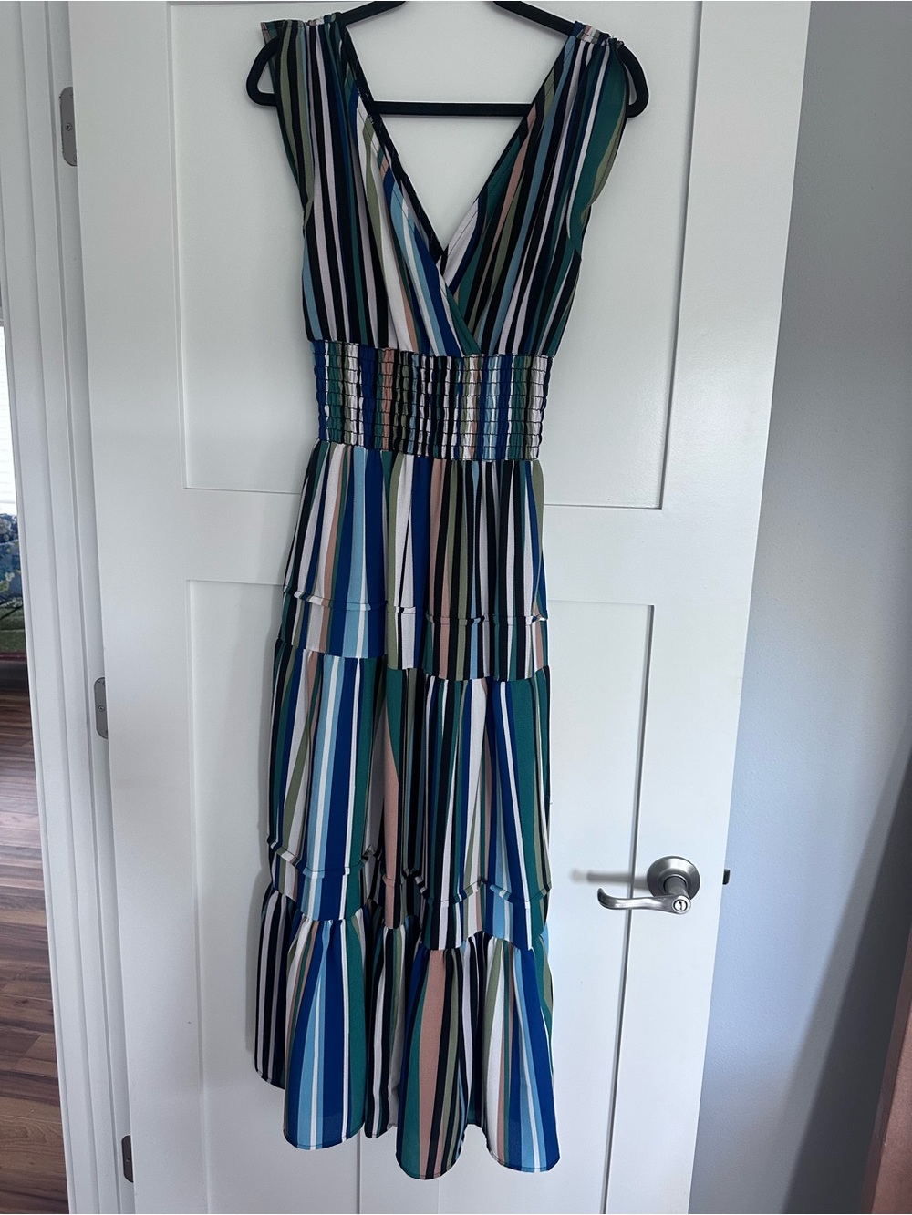 Chico's Sleeveless Striped Midi Dress in Green, Blue, Cream and Black